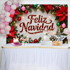 Lofaris Feliz Navidad Christmas Party Backdrop with Poinsettias, Pine Branches and Festive Gifts