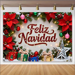 Lofaris Feliz Navidad Christmas Party Backdrop with Poinsettias, Pine Branches and Festive Gifts