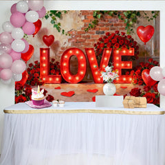 Lofaris Elegant Red Roses and Illuminated LOVE Letters Party Backdrop, Romantic Valentine's Day Celebration Decor
