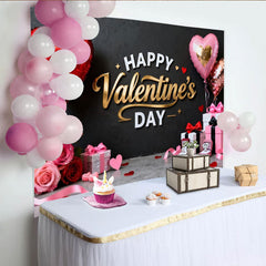 Lofaris Happy Valentine's Day Black and Gold Party Backdrop with Red Pink Hearts and Roses, Romantic Celebration