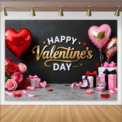 Lofaris Happy Valentine's Day Black and Gold Party Backdrop with Red Pink Hearts and Roses, Romantic Celebration