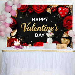 Lofaris Elegant Black and Gold Happy Valentine's Day Party Backdrop, Romantic Red Roses and Glitter Hearts Decor