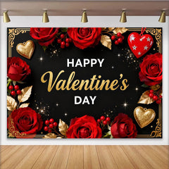 Lofaris Elegant Black and Gold Happy Valentine's Day Party Backdrop, Romantic Red Roses and Glitter Hearts Decor