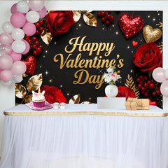 Lofaris Black and Gold Glitter Happy Valentine's Day Party Backdrop with Red Roses and Hearts, Romantic Celebration Decor