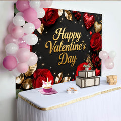 Lofaris Black and Gold Glitter Happy Valentine's Day Party Backdrop with Red Roses and Hearts, Romantic Celebration Decor