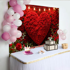 Lofaris Elegant Red Rose Heart Wall Party Backdrop with String Lights, Romantic Valentine's Day Decor