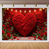 Lofaris Elegant Red Rose Heart Wall Party Backdrop with String Lights, Romantic Valentine's Day Decor