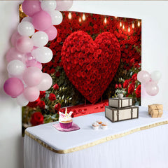 Lofaris Red Rose Heart and String Lights Party Backdrop, Romantic Valentine's Day Wedding Anniversary Decor