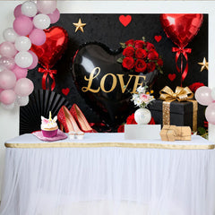 Lofaris Black and Gold Love Heart Balloon Party Backdrop with Red Roses, Elegant Valentine's Day Celebration Decor