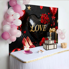 Lofaris Black and Gold Love Heart Balloon Party Backdrop with Red Roses, Elegant Valentine's Day Celebration Decor