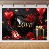 Lofaris Black and Gold Love Heart Balloon Party Backdrop with Red Roses, Elegant Valentine's Day Celebration Decor
