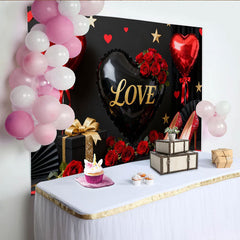 Lofaris Black and Red Love Heart Balloons, Gold Glitter Roses Party Backdrop, Elegant Valentine's Day Celebration