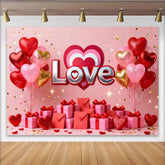Lofaris Red Pink Gold Love Heart Balloons and Gifts Party Backdrop, Romantic Valentine's Day Anniversary Decor