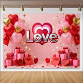 Lofaris Pink and Red Heart Balloons with Love Text Party Backdrop, Romantic Valentine's Day Anniversary Engagement Decor