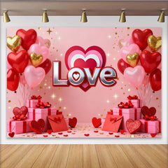 Lofaris Pink and Red Heart Balloons with Love Text Party Backdrop, Romantic Valentine's Day Anniversary Engagement Decor