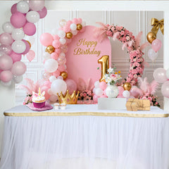 Lofaris Pink and Gold Happy 1st Birthday Party Backdrop, Elegant Floral and Balloon Arch Princess Celebration Decor