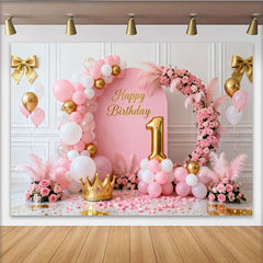 Lofaris Pink and Gold Happy 1st Birthday Party Backdrop, Elegant Floral and Balloon Arch Princess Celebration Decor