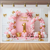 Lofaris Sweet Pink and Gold Happy 1st Birthday Party Backdrop with Balloons, Crown, and Flowers for Baby Girl