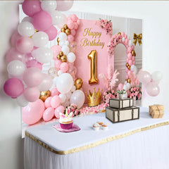 Lofaris Elegant Pink and Gold Happy Birthday 1st Party Backdrop with Crown, Balloons and Floral Decor for Girls Celebration