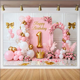 Lofaris Elegant Pink and Gold Happy Birthday 1st Party Backdrop with Crown, Balloons and Floral Decor for Girls Celebration
