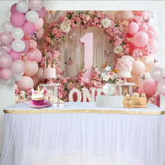 Lofaris Elegant Pink and White Floral First Birthday Party Backdrop, featuring Number One, Balloons and Butterflies