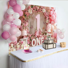 Lofaris Elegant Pink and White Floral First Birthday Party Backdrop, featuring Number One, Balloons and Butterflies