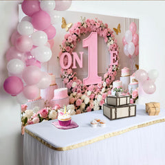 Lofaris Pink and White Floral ONE First Birthday Party Backdrop, Elegant Baby Girl Celebration Decor with Gold Butterflies