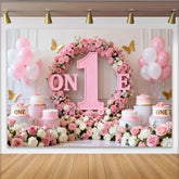 Lofaris Pink and White Floral ONE First Birthday Party Backdrop, Elegant Baby Girl Celebration Decor with Gold Butterflies