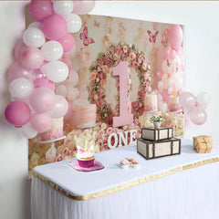 Lofaris Elegant Pink Floral Wreath Number One Party Backdrop with Balloons and Butterflies, Baby Girl First Birthday