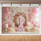 Lofaris Elegant Pink Floral Wreath Number One Party Backdrop with Balloons and Butterflies, Baby Girl First Birthday