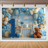 Lofaris Dreamy Blue and White Hot Air Balloon First Birthday Party Backdrop, Number One and Cute Teddy Bear