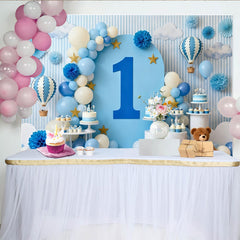 Lofaris Dreamy Blue and White Hot Air Balloon First Birthday Party Backdrop, Sky Clouds and Stars Celebration