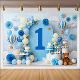 Lofaris Dreamy Blue and White Hot Air Balloon First Birthday Party Backdrop, Sky Clouds and Stars Celebration