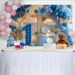 Lofaris Blue and White Hot Air Balloon First Birthday Party Backdrop, Dreamy Sky Theme Celebration Decor