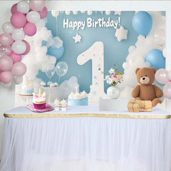 Lofaris Blue and White Clouds and Balloons Happy First Birthday Party Backdrop, Number One Celebration Decor