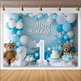 Lofaris Blue and White Happy Birthday Party Backdrop with Number One, Teddy Bears and Balloons