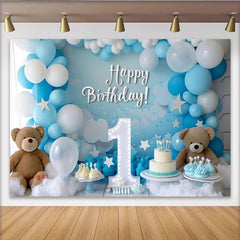 Lofaris Blue and White Happy Birthday Party Backdrop with Number One, Teddy Bears and Balloons