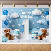 Lofaris Happy First Birthday Blue Sky Party Backdrop with Clouds, Stars, Balloons, and Teddy Bears