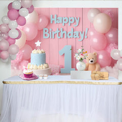 Lofaris Pink and Blue Happy Birthday 1st Party Backdrop with Balloons, Cake, and Teddy Bear, Baby Shower Decor