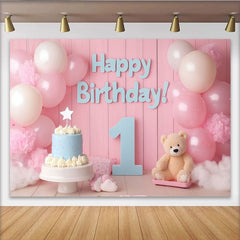 Lofaris Pink and Blue Happy Birthday 1st Party Backdrop with Balloons, Cake, and Teddy Bear, Baby Shower Decor