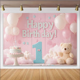 Lofaris Pink and Blue Happy 1st Birthday Party Backdrop with Balloons and Cake, Teddy Bear Baby Girl Decor