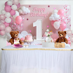 Lofaris Pink and White Happy 1st Birthday Party Backdrop with Teddy Bears and Balloons, Sweet Baby Girl Celebration Decor