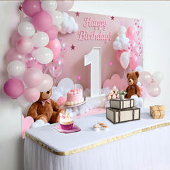 Lofaris Pink and White Happy 1st Birthday Party Backdrop with Teddy Bears and Balloons, Sweet Baby Girl Celebration Decor