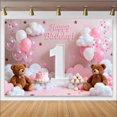 Lofaris Pink and White Happy 1st Birthday Party Backdrop with Teddy Bears and Balloons, Sweet Baby Girl Celebration Decor