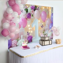 Lofaris Pink and Purple Balloons Flowers 1st Birthday Party Backdrop with Butterflies, Elegant Baby Girl Celebration
