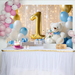 Lofaris Golden Number One and Teddy Bear First Birthday Party Backdrop, Blue White Balloons Celebration Decor
