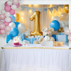 Lofaris Golden Number One Teddy Bear Party Backdrop, Blue and White Balloons for Baby Boy First Birthday