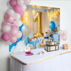 Lofaris Golden Number One Teddy Bear Party Backdrop, Blue and White Balloons for Baby Boy First Birthday