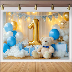Lofaris Golden Number One Teddy Bear Party Backdrop, Blue and White Balloons for Baby Boy First Birthday