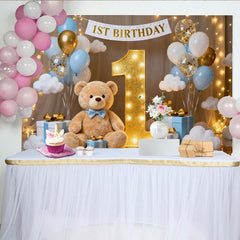 Lofaris Dreamy Blue and White Balloons Golden Number One 1st Birthday Party Backdrop with Cute Teddy Bear, Festive Celebration
